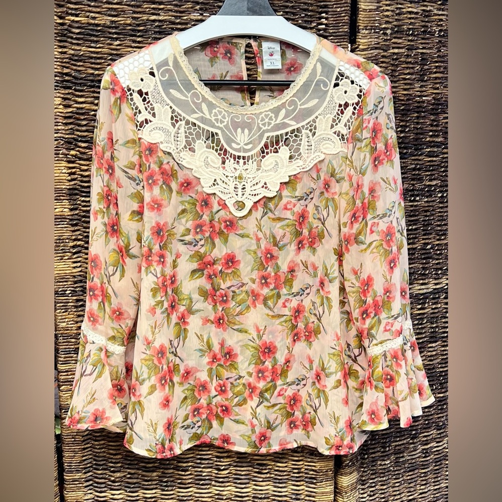 Disney/LC Laura Conrad collab, Floral Lace Trim Blouse - Cream and Pink, Size:XL
